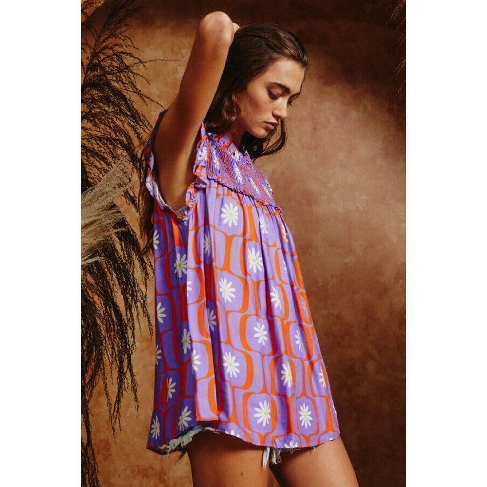 SALE! Bucketlist Retro Floral Geometric Print Top Smocked Detail S-L New T1421-1 - Picture 6 of 12